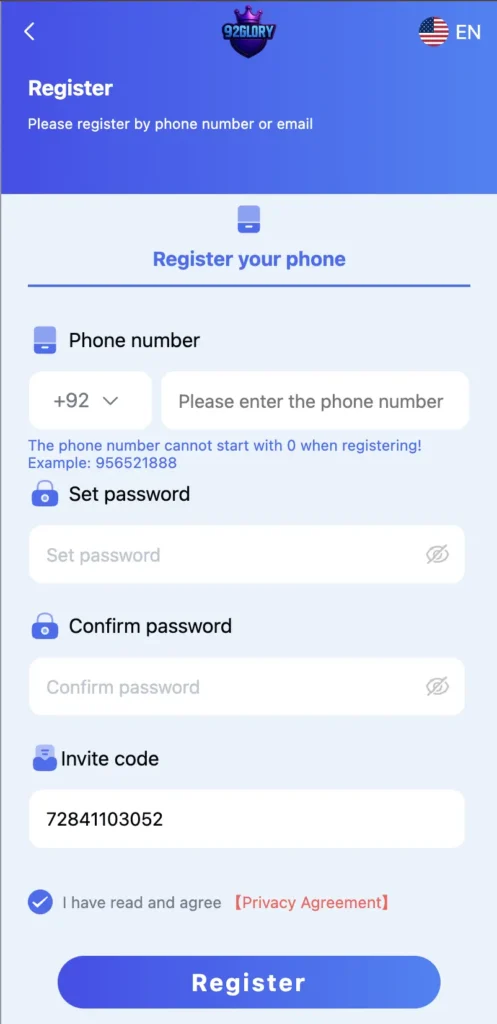 register on 92glory